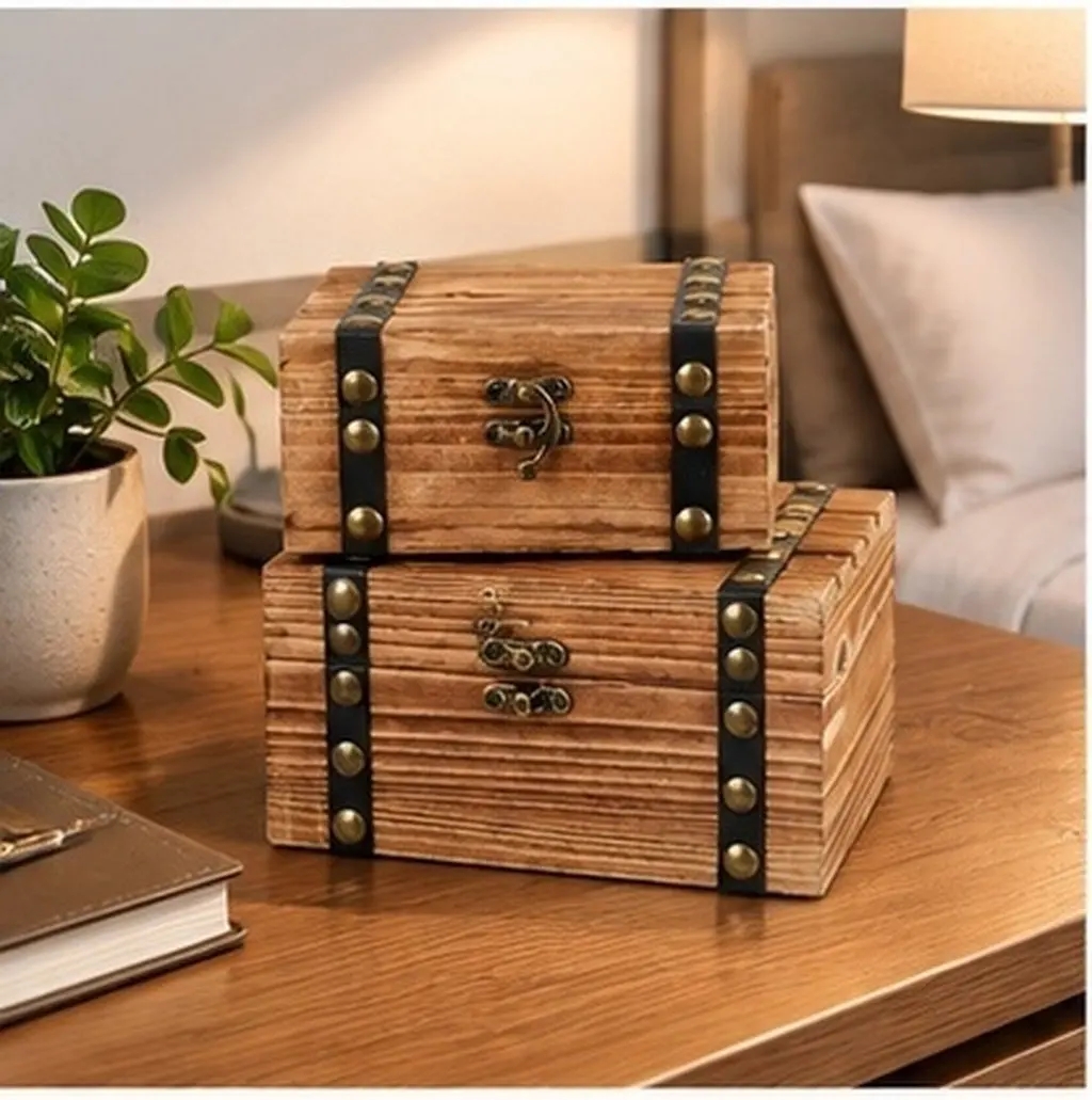 Rustic Wood Jewelry Box Set  2pcs Flip-Lid Desktop Organizer for Necklaces, Bracelets & Earrings Display
