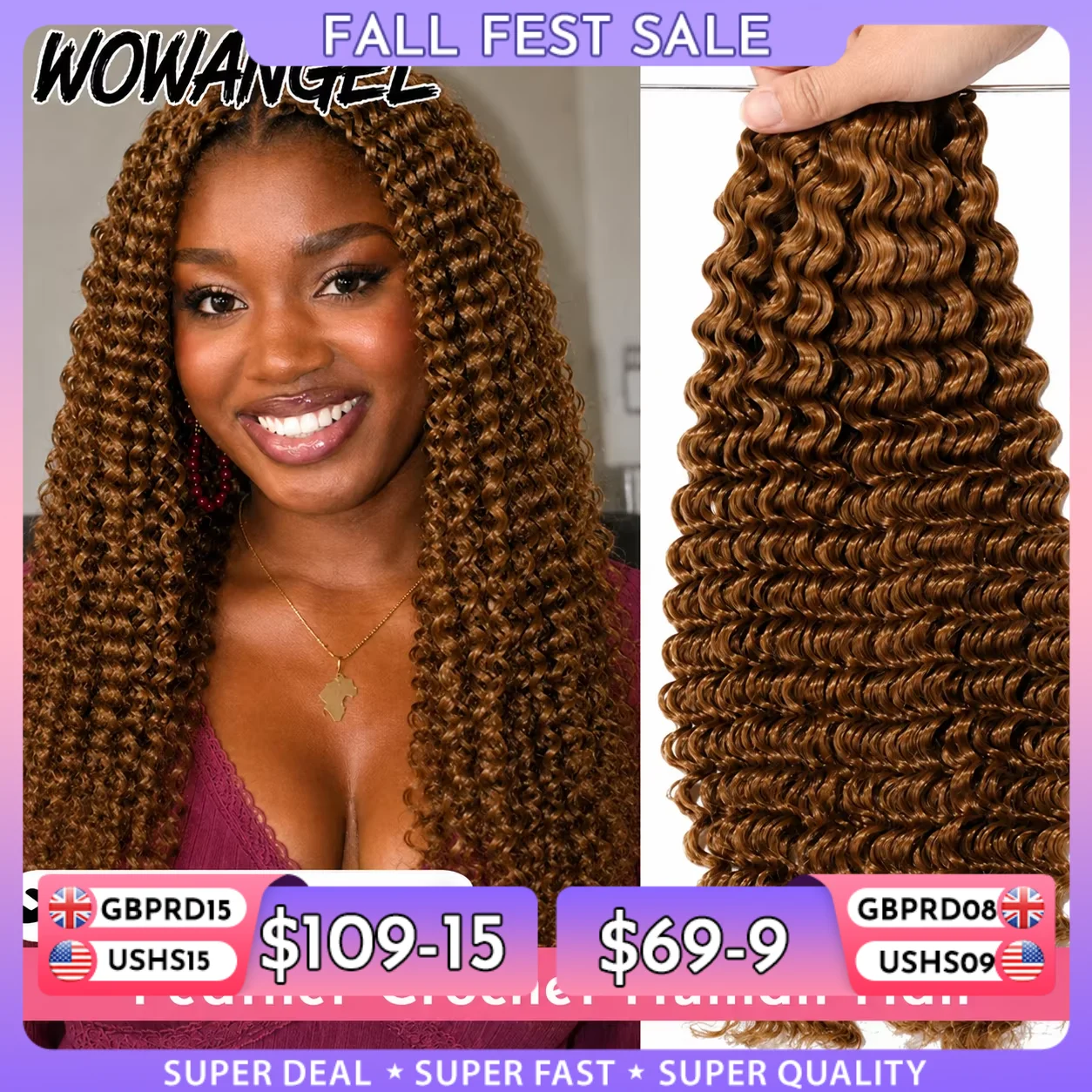 WOWANGEL Deep Wave Crochet Human Hair Knotless Pre-Separated 30# Medium Brown Curly Feather Crochet Hair Extensions For Braiding