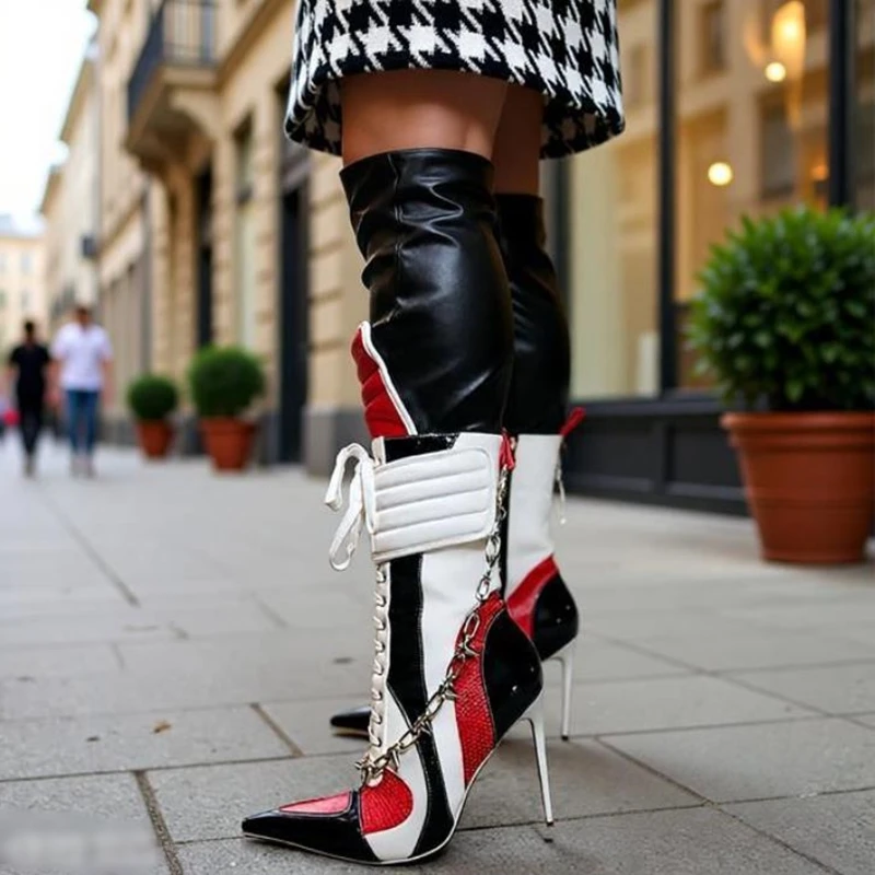 Mixed Color Red Black White Lace-up Ankle Boots Big Hook and Loop Pointed Toe Patchwork Stiletto High Heels Short Booties