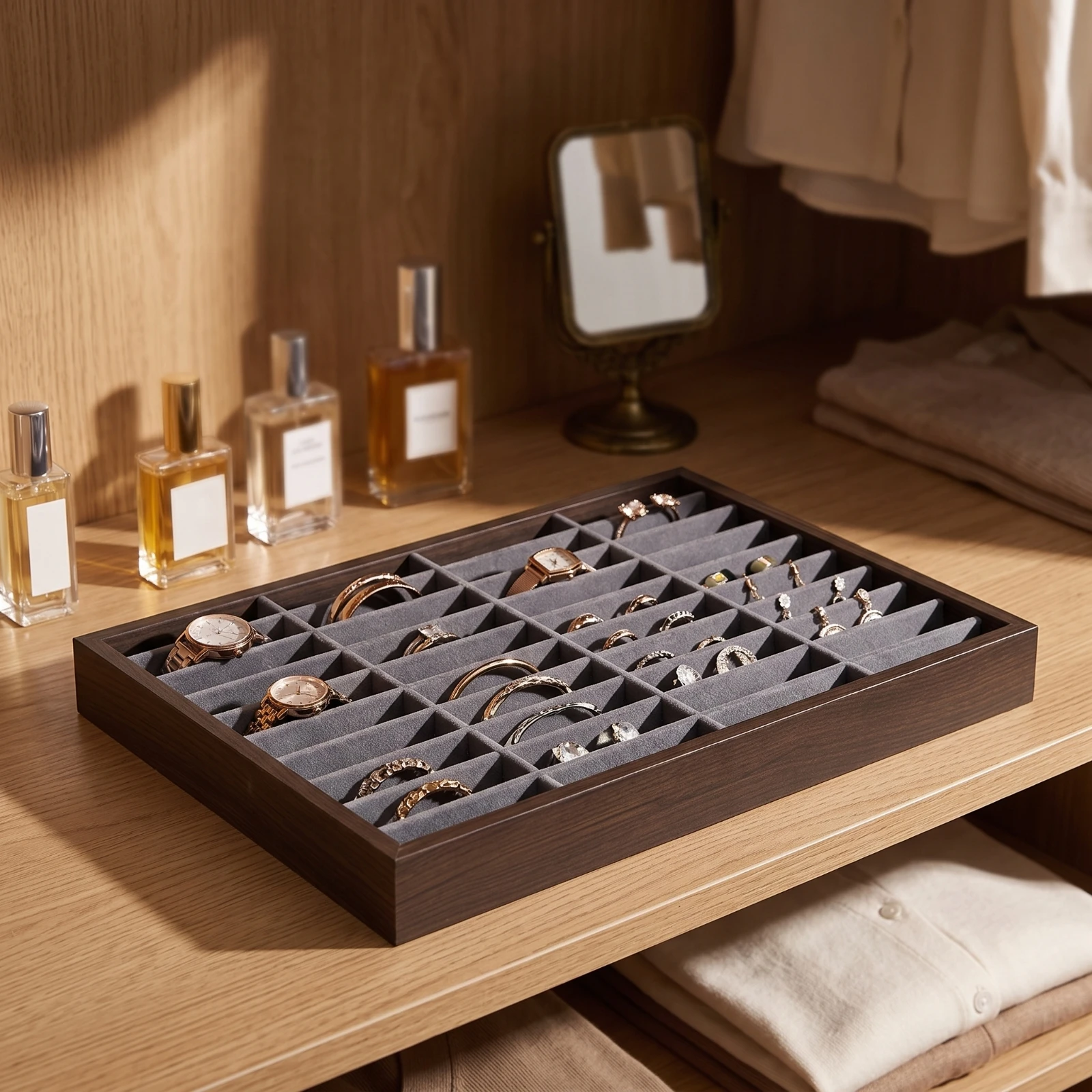Jewelry Tray with Compartments Orderly Wooden Jewelry Tray Organizer Compact Shallow for Collectors, Drawer, Dresser