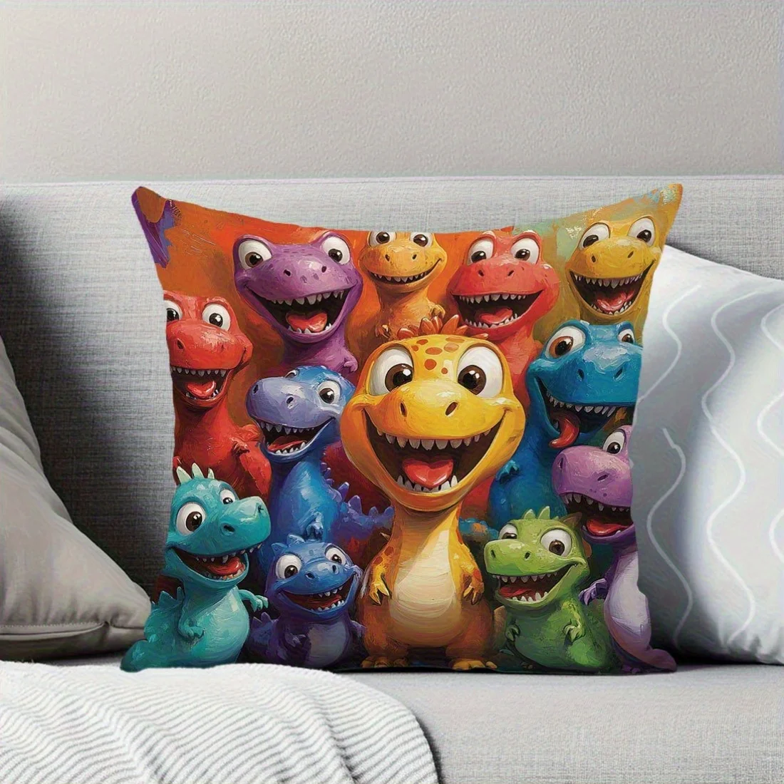 1pc Kids Room & Living Room Dinosaur Pillow Cover, Polyester 2D Double-Sided Print, Cute Smiling Dino Cushion, Dinosaur Lover Gi