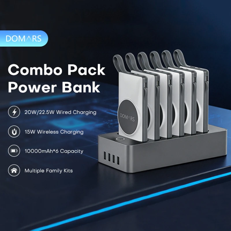 Domars Office Shared Power Bank Combo Set 10000mAh x 6 Super Fast Charging Built-in Data Cable CCC Certified Portable Battery