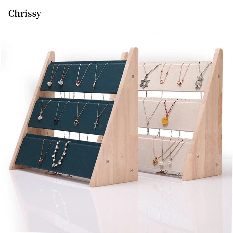 3 Layers Wood Slope Shape Jewelry Necklace Pendant Bracelet Display Organizer Stand Holder Rack Showcase Tray