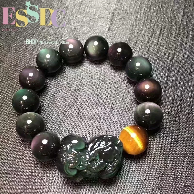 Hand-Carved NaturaSingle Circle  Men and Women Rainbow  Obsidian Pixiu Tiger Eye Bead Bracelet