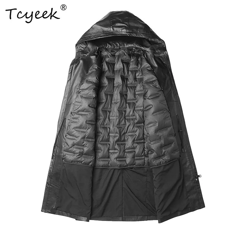 Tcyeek Natural Calfskin Leather Jacket Man 90% White Goose Down Liner Detachable Mid-long Trench Coat Men Winter Clothes Trendy