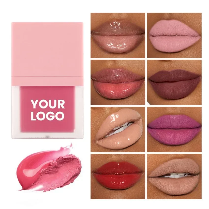 Custom Logo Lip Gloss Private Label Cosmetic Pigment Long Lasting Non Stick Cup Waterproof Matte Lipgloss Makeup Bulk Pink Lid