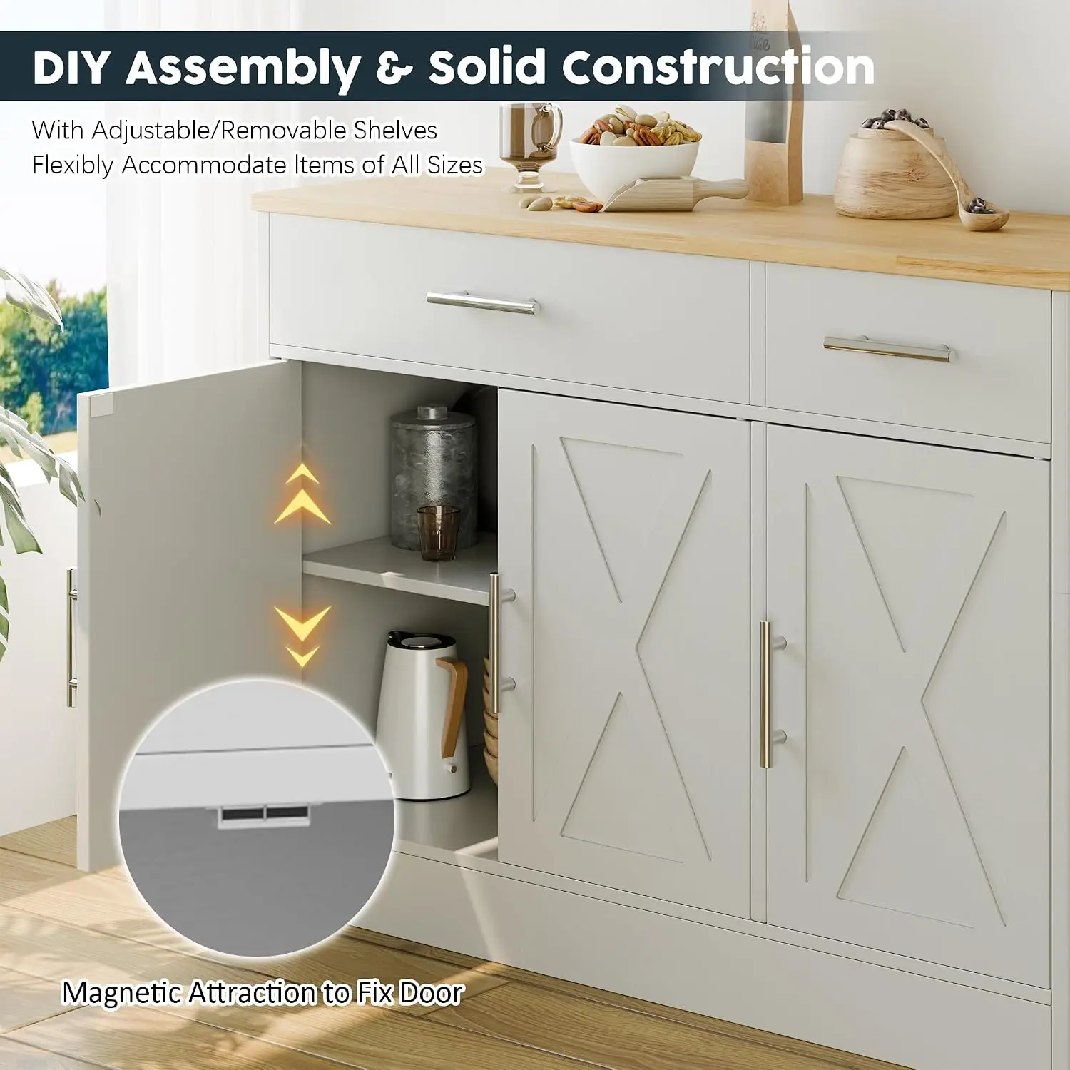 Kitchen Buffet Sideboard Cabinet with 3 Doors & 2 Drawers, Coffee Bar Storage for Living Room, White, Customized