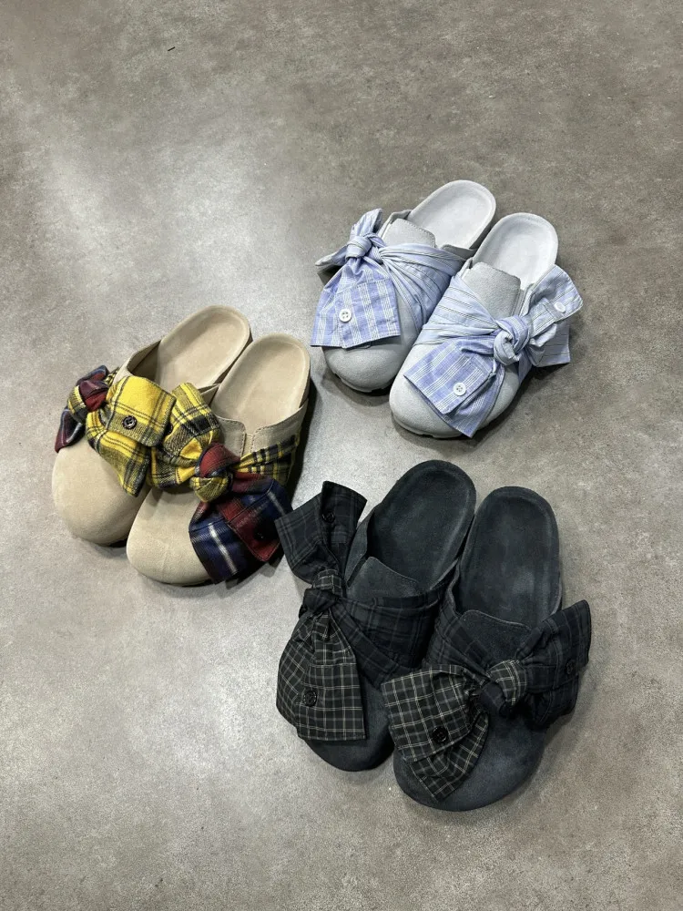 Summer New Products Niche Comfortable Versatile Plaid Bow Bag Head Shoes Ladies Retro Wear Half Drag Lazy Slippers for Women