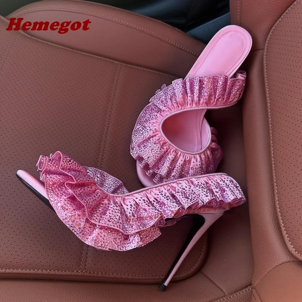 Open Toe Side Air Wrinkled Edge Rhinestones Stiletto Heels Magenta Pleated Crystals Slingback Sandals Summer Sandals Luxury Shoe