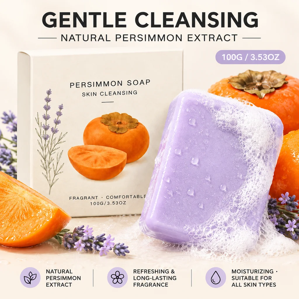 Persimmon Soap Bar Lavender Extract Moisturizing Cleansing Long Lasting Fragrance Face Body Wash Gentle Skin Care Shower Gel