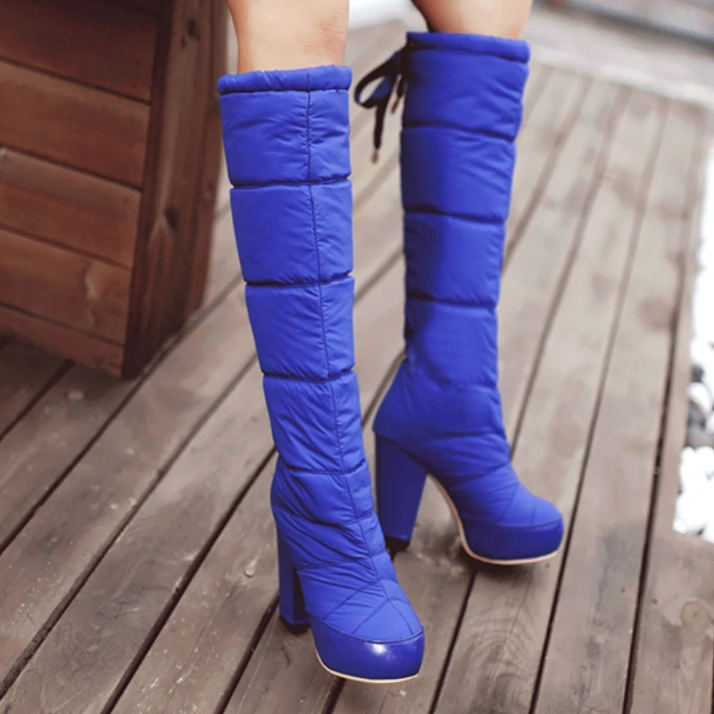 Red Women's Fur Snow Boots 2026 Warm Winter Shoes Black Blue Heels Down Platform Knee High Boots Rain Waterproof Shoes Ladies