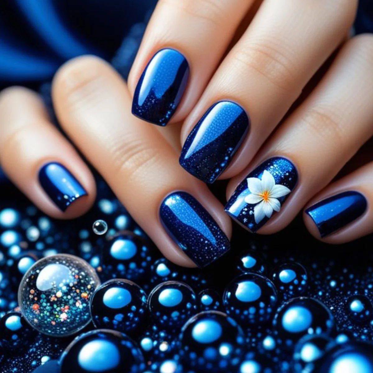 Medium Fake Nails for Women Girls Gradient Blue Full Cover Square Nail Tips with Flowers Pearls Design Press on False Nail Art