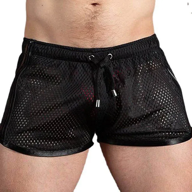 Summer Men Sport Shorts Color Matching Hollow Mesh Loose Drawstring Elastic Waist Quick Dry Jogging Gym Vacation Beach Shorts