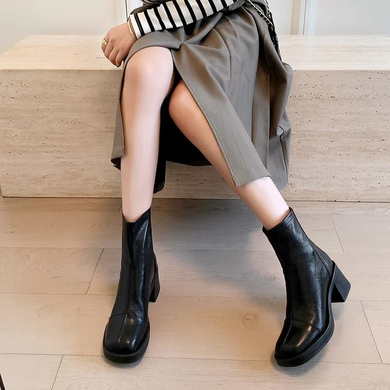 MKKHOU Fashion Short Boots Women's New High Quality Genuine Leather Boots Round Head Thick Bottom High Heels Commuter Boots