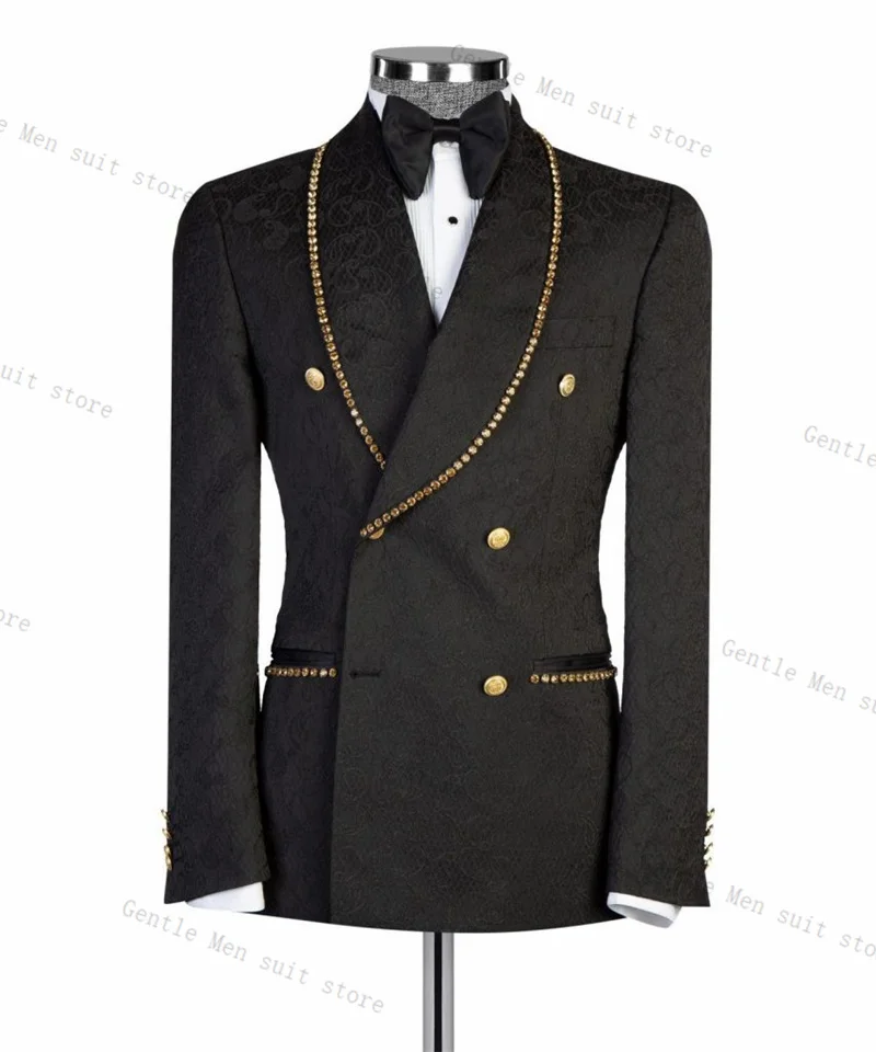 Golden Crystals Men Suit Set 2 Pcs Black Blazer+Pants Trousers Wedding Tuxedo Formal Business Office Jacket Prom Coat Customized