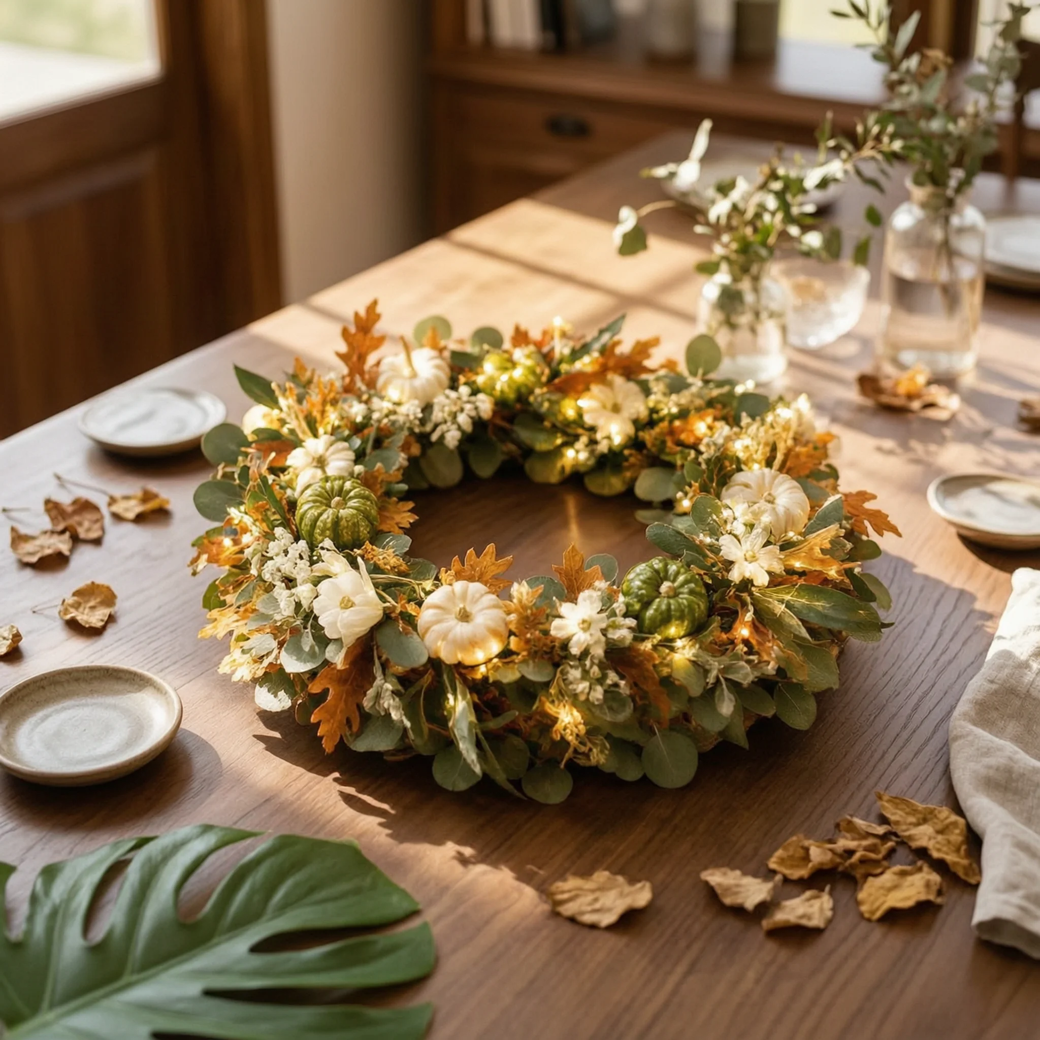 2 Pieces Artificial Vine Garland with Wreath Realistic Fall Greenery Set with Pumpkins Autumn Decor Bundle Layered Decorations
