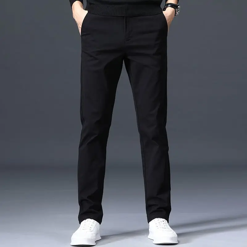 Mens Elastic Waist Side Pocket Slim Straight Wrinkle Resistant Full Length Casual Pants