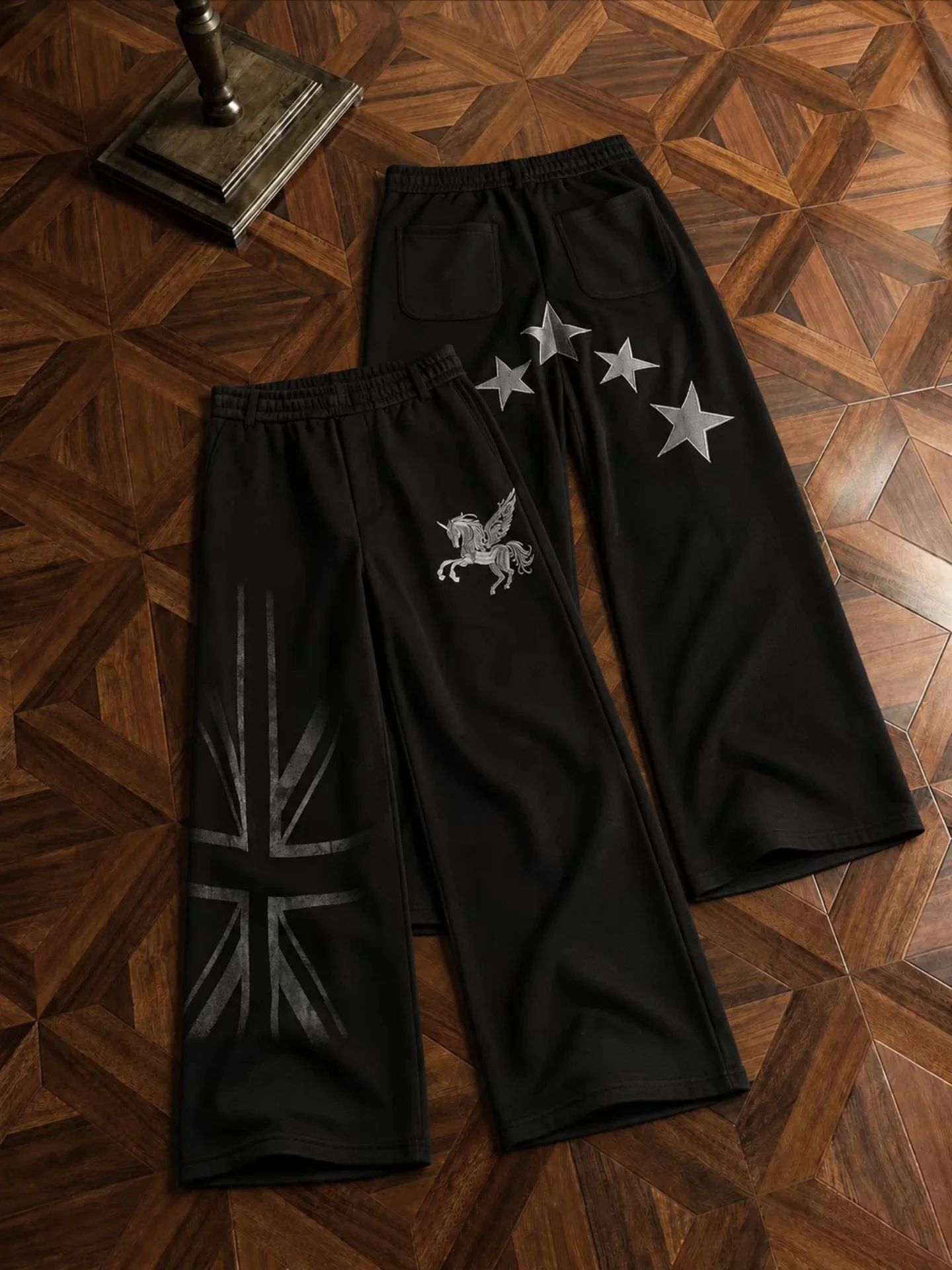 American Street Style Worn-In Print Wide Leg Sweatpants Men's Casual Pants with Pocket Star And Union Jack Flag Drapey Versat...