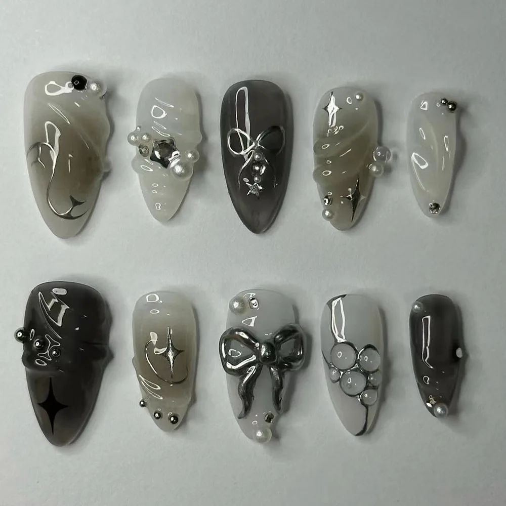 24pcs Spice Girls Black Press on Nails 3D Bowknot Sweet Cool False Nails Patch Heavy Metal Punk Style Fake Nails Tips for Girls