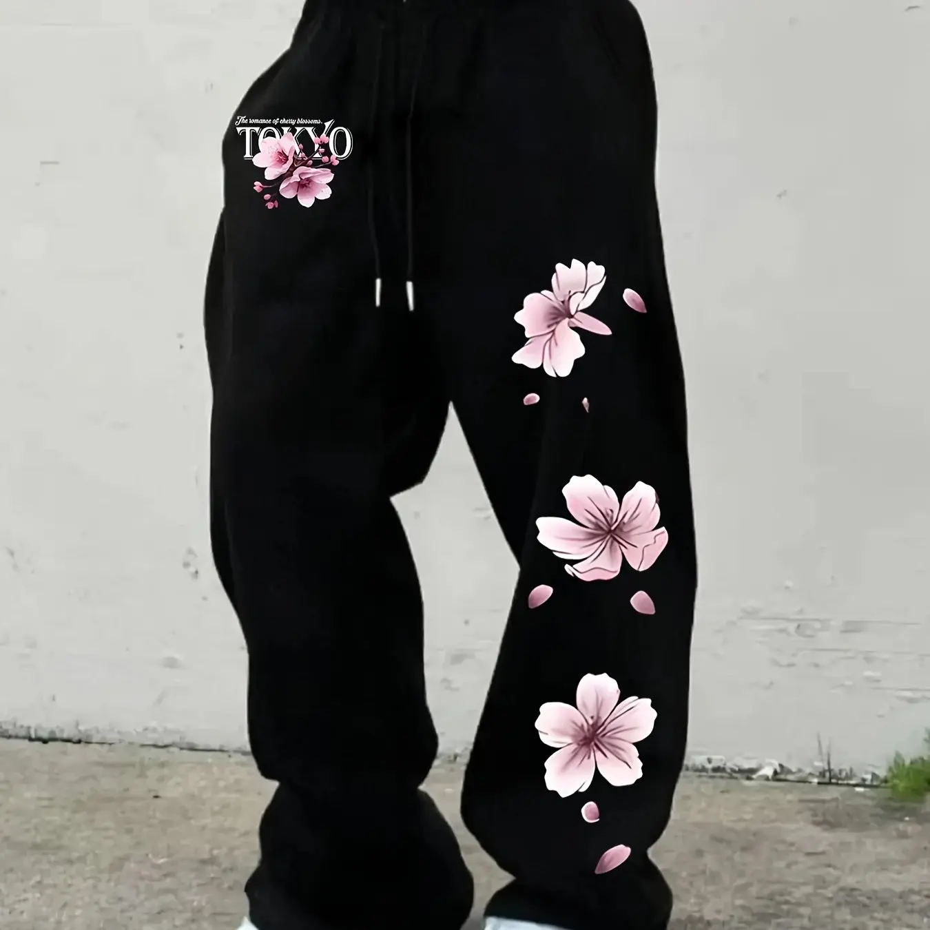Men's casual sports pants, cherry blossom printed sweatpants, drawstring wide leg casual pants