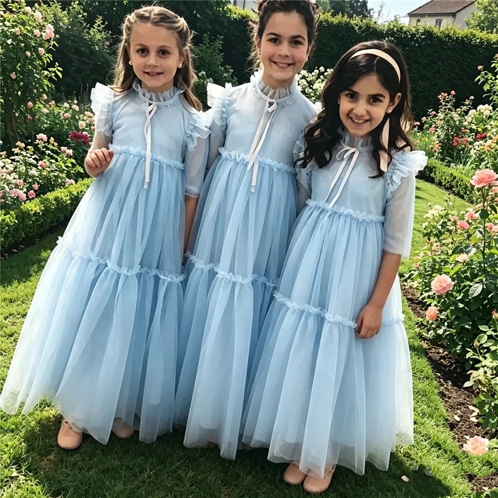 Custom Luxury Flower Girl Dress Wedding Gown Birthday Party Pageant Catwalk Ruffled Neck Tiered Tulle Maxi Dress  