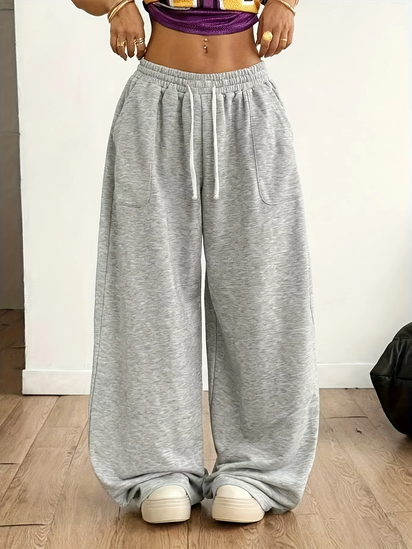Streetwear Women Quick Dry Trousers 3D Plain Solid Pattern Wide Leg Pants With Pockets Elastic Waist Y2K Baggy Long Pants