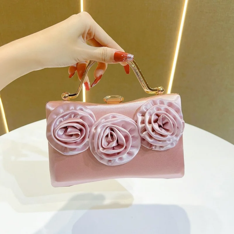 Diamond Studded Handle Silky Handbag Fashion Party Dress Evening Bag 3D Flower Appliques Crossbody Dinner Purse for Wedding Prom