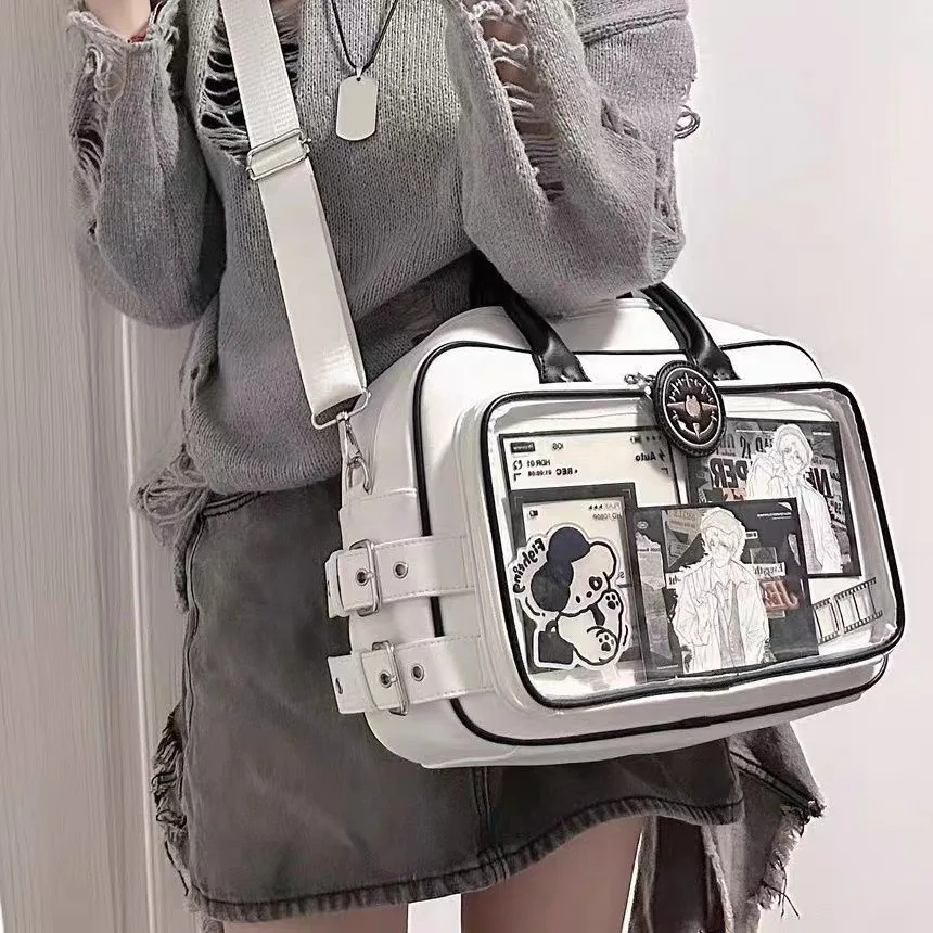 Ita Bag for Women Anime Cartoon Print Transparent Pocket Itabag PU Leather White Black Large Capacity Daily Casual