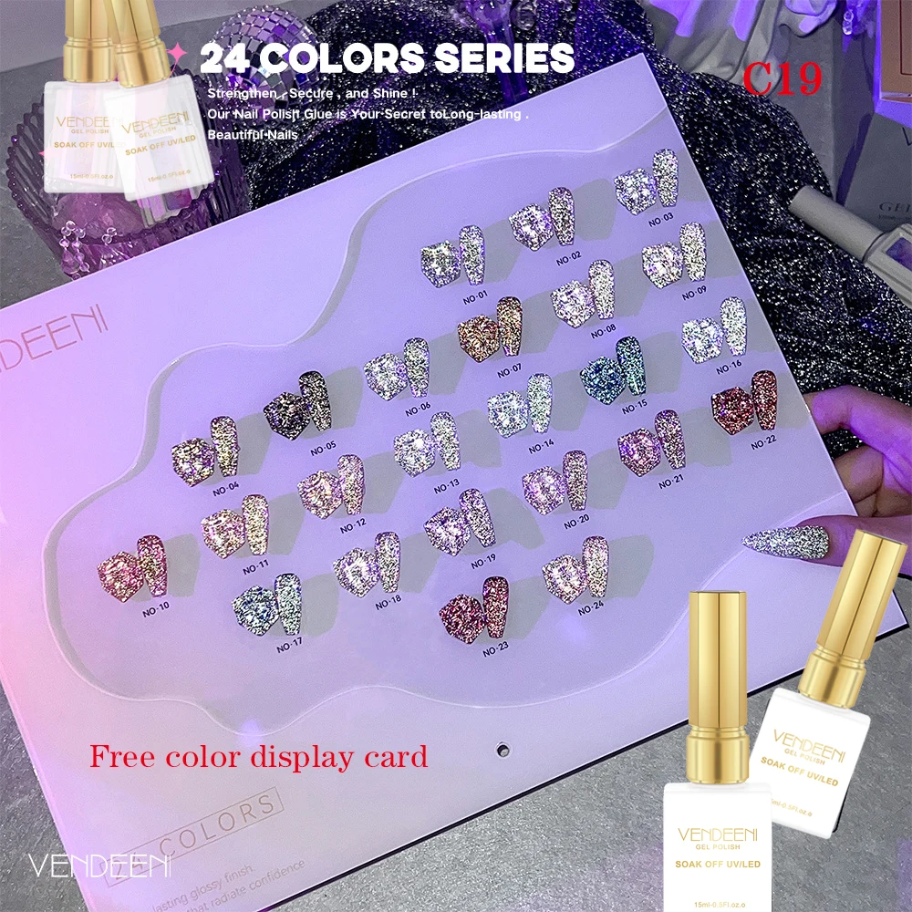 Vendeeni 24 Colors/set Fantasy Galaxy Broken Diamond Gel Nail Polish UV LED Reflective  Sequins Manicure Varnish With Color Card