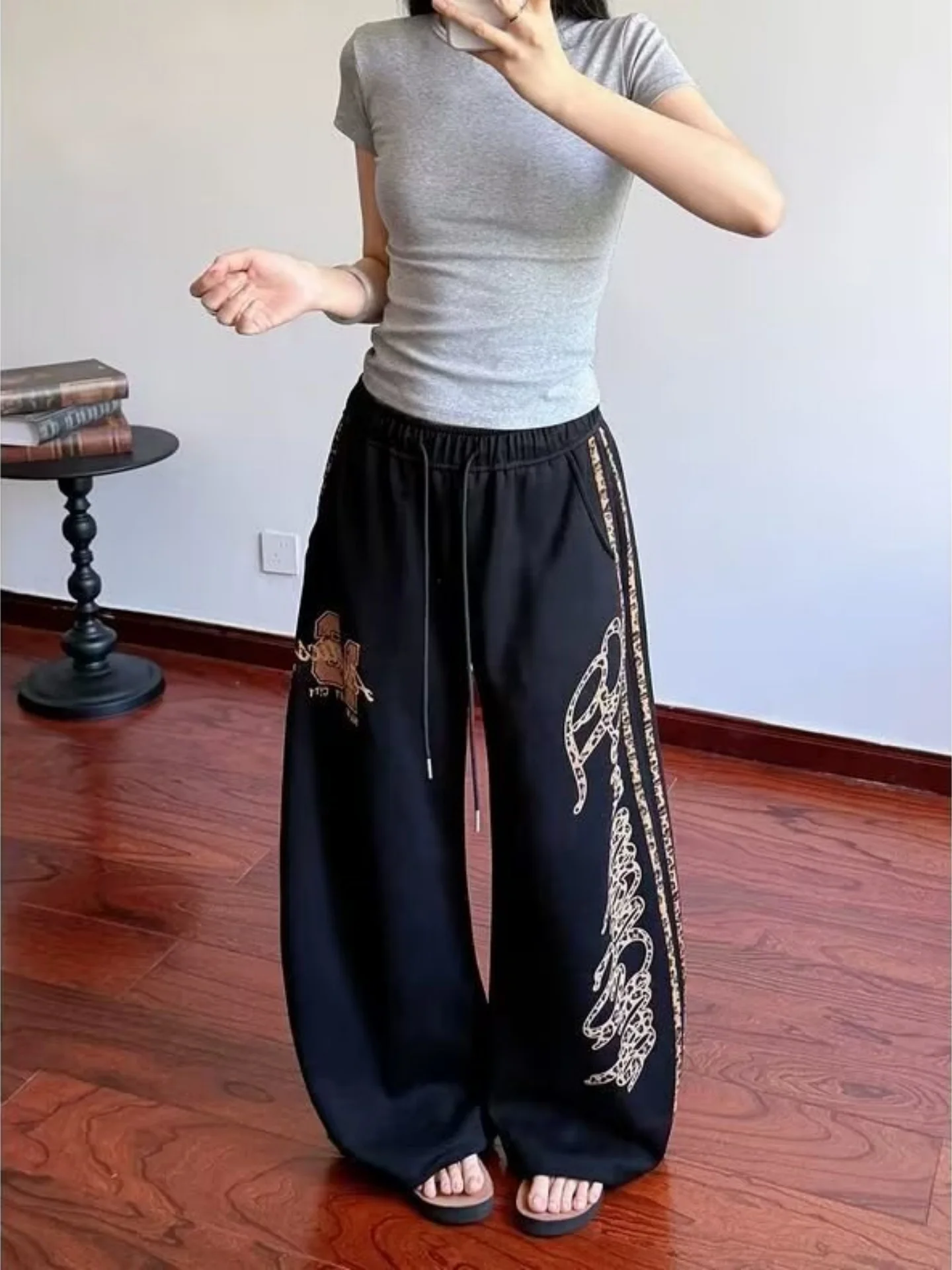 American Hip Hop Leopard Print Lettering Sweatpants Wide Leg Jazz Dance Casual Loose Long Trousers for Men And Women