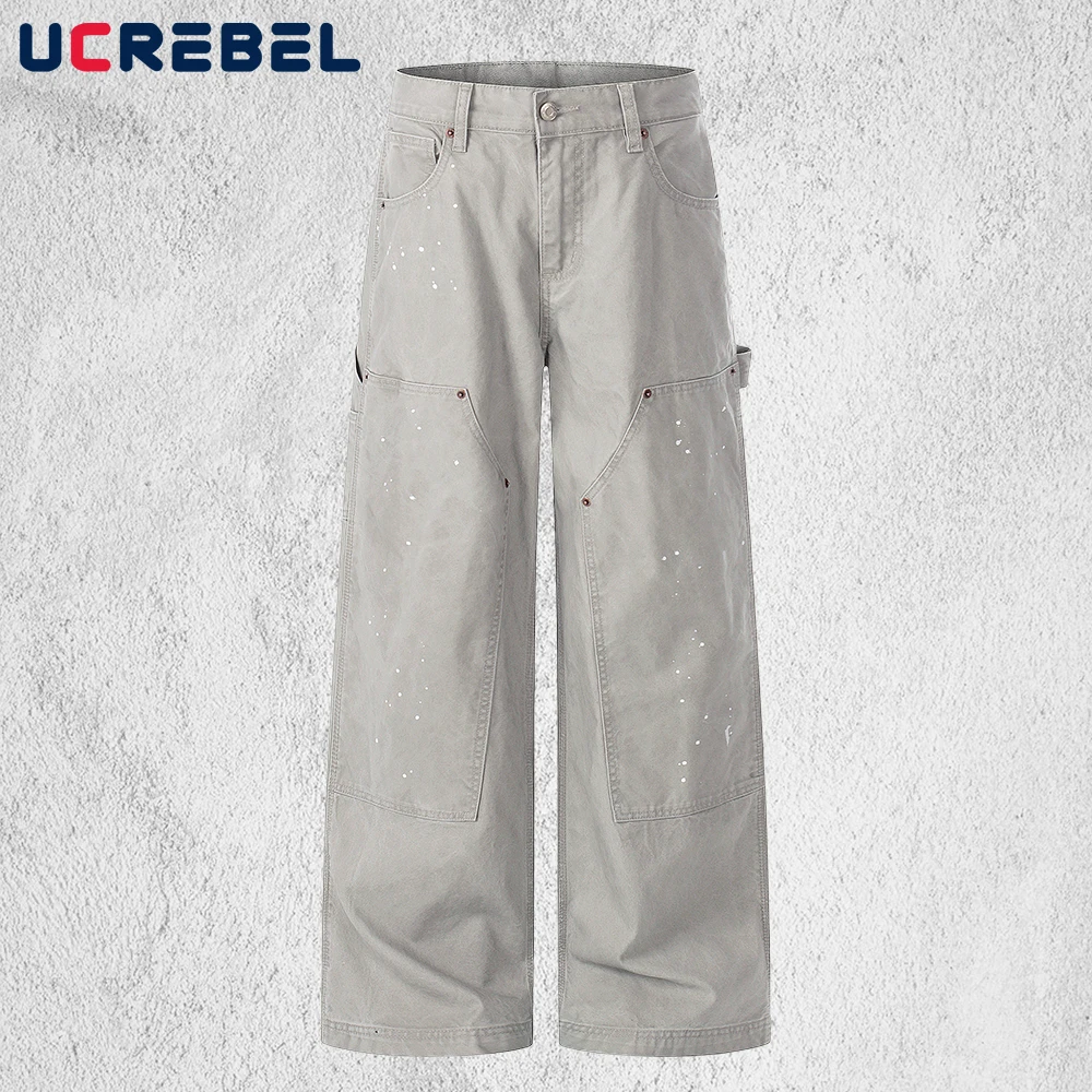 Patchwork  Logger Pants Vintage Mens Splashed Ink High Street Loose Casual Straight-leg Cargo Trousers Man