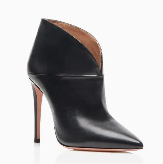 Fashion Black Matte Leather Patchwork Pointed Toe Shallow V Slip On Ankle Boots Stiletto Heels Booties High Heel Pumps Shoes