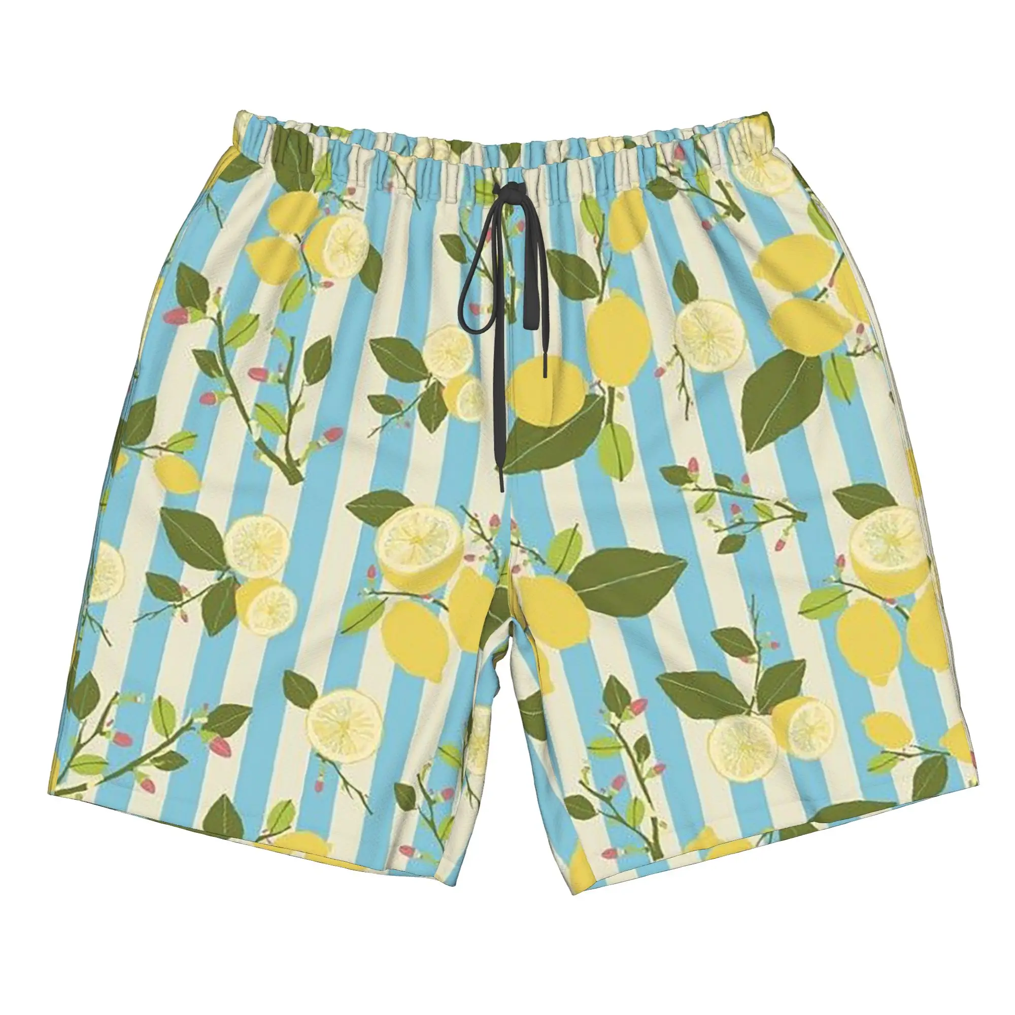 Lemon Print Blue And White Stripes Trunks Beach Board Shorts Casual Quick Dry Swimming Summer Men Pants