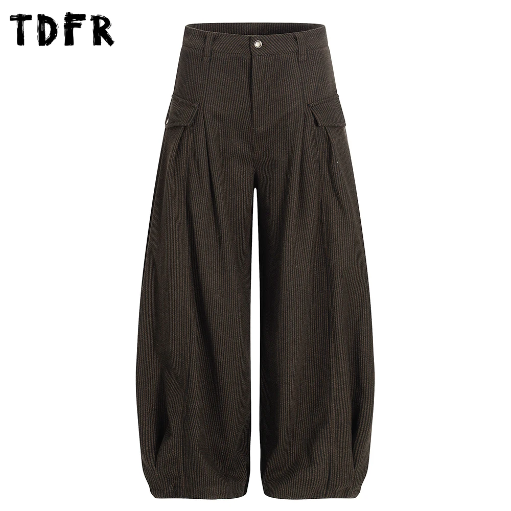 Striped Pleated Casual Woolen Pants Mens Pocket Retro Spring Baggy Wide Leg BananaTrousers Man