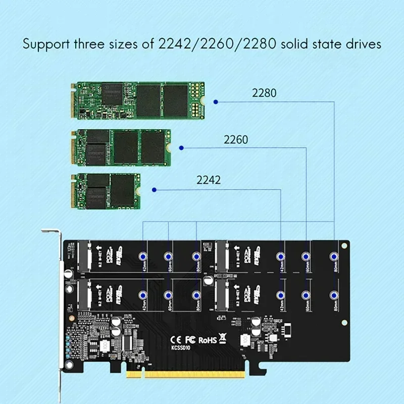 PCIE 3.0 X16 Adapter Card M.2 NVMe 4 Port M KEY SSD Solid State Drive Array Cooling Expansion Riser Card Pci-e To M2 128g/s