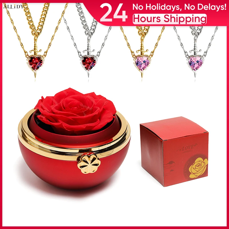 Valentine's Day gift Red Crystal Love Necklace Red Pink Gold Silver with Real Preserved Rose Jewelry Gift Box Set