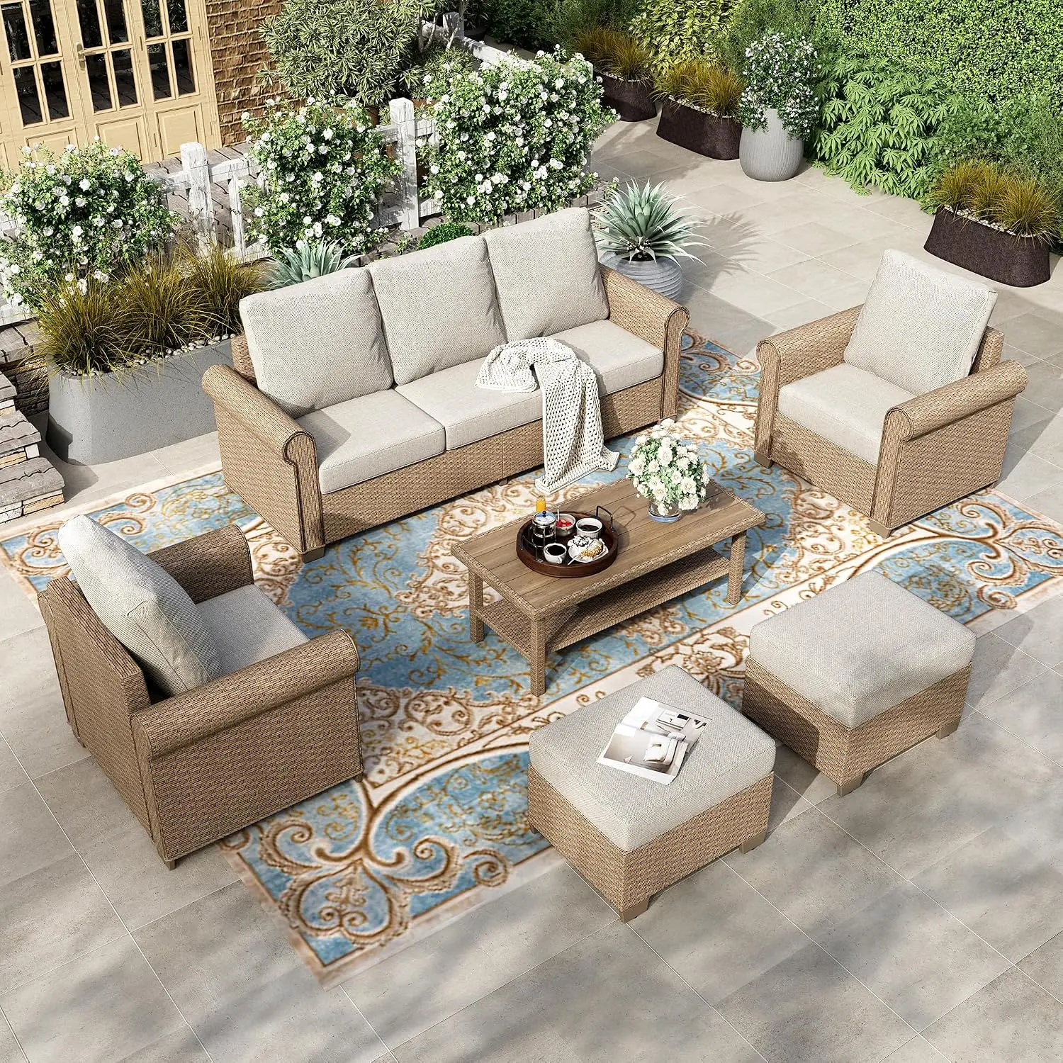 6-Piece Beige Wicker Patio Conversation Set with 7 Seats, Customized