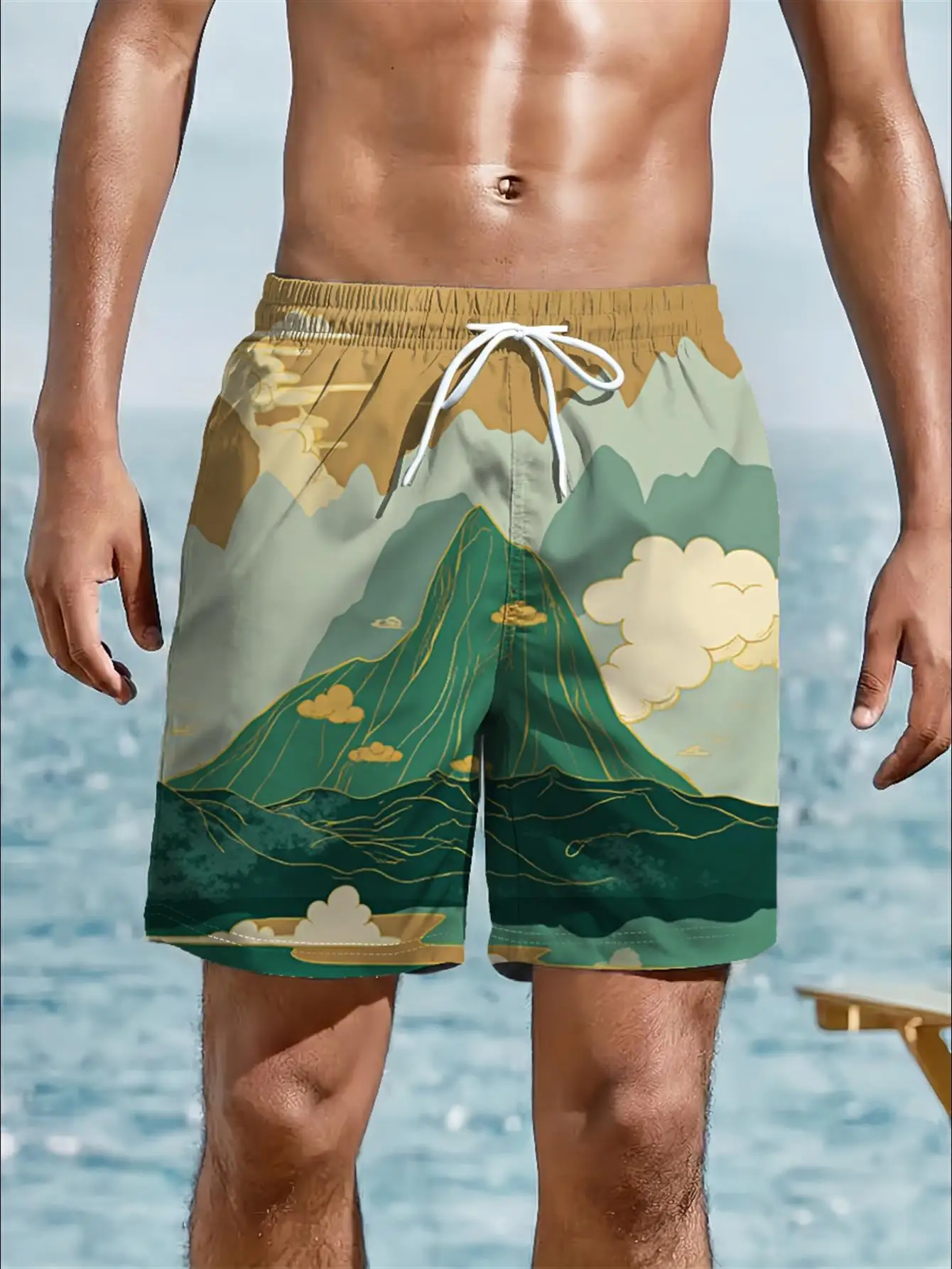 Men's Chinese Style Mountain Landscape Print Quick Dry Drawstring Beach Board Shorts 2026