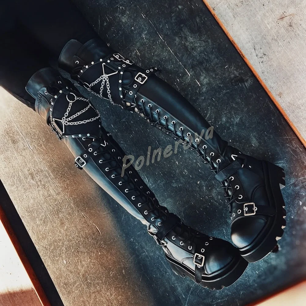 Metal Chain Over The Knee Boots Gothic Women Leather Lace Up Platform Chunky Sole Boots Rivet Buckle Punk Winter Long Boots