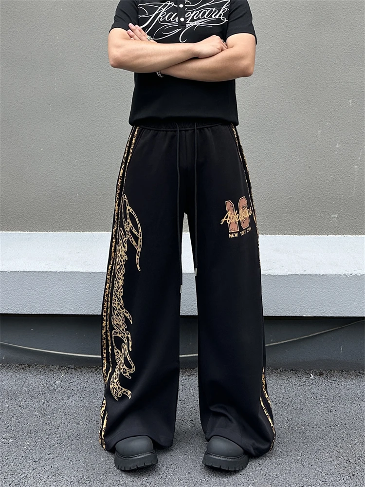 Men's Leopard Print Letter Pattern Pants Casual Baggy Vintage Trousers Straight High Waist Wide Leg Sweatpants