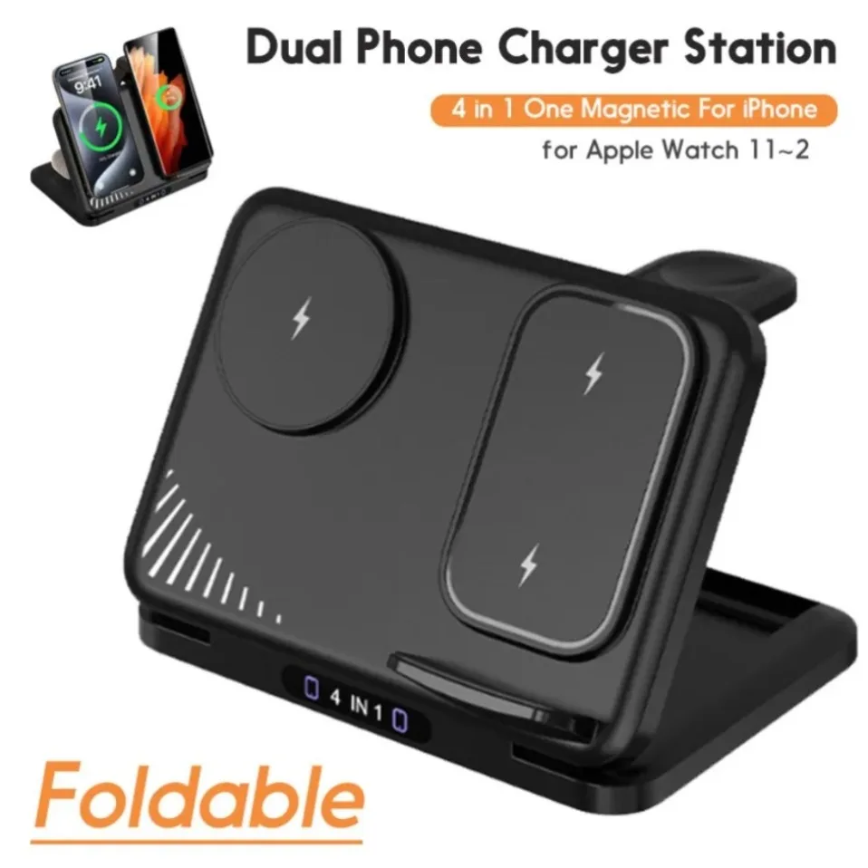 4 In 1 Dual Phone Wireless Charger Stand For iPhone 17~12 Samsung S25 Xiaomi Airpods Pro Apple Watch 11~2  Magnetic Fast Chargin