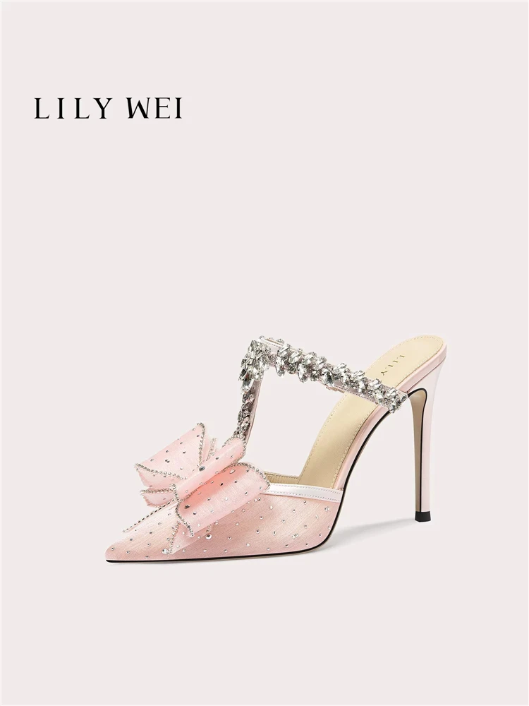 Summer new pointed Baotou pink mesh rhinestone bow fashion slippers banquet large size small size thin high-heeled women sandals