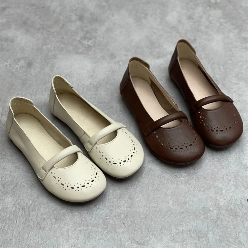 Handmade Genuine Leather Mary Janes Women Summer New Retro Perforated Flats Round Toe Hollow Out Soft Pumps Vintage Ballet Flats