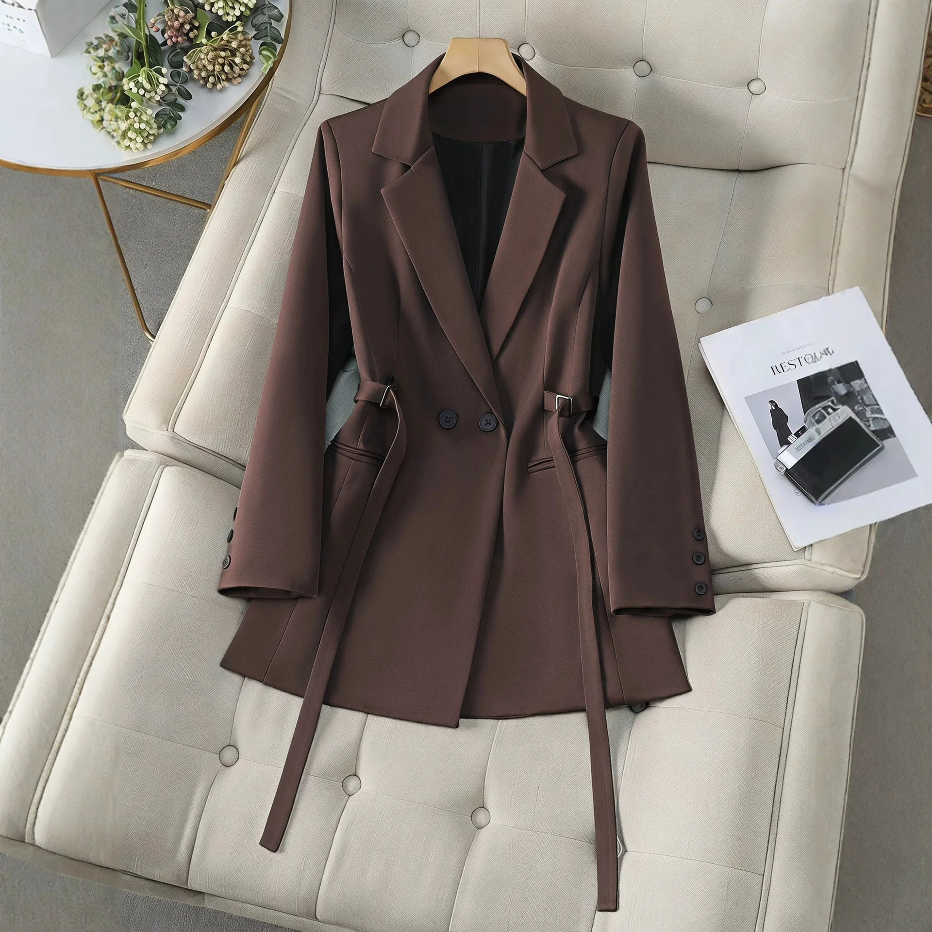 Suit Collar, Double-breasted, Double-sided Waist Belt, Small Suit, Dark Brown Drapey Commuter Suit Jacket