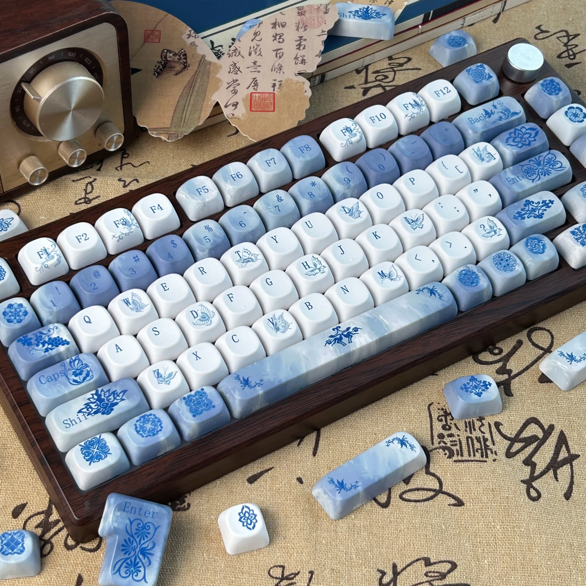 MAIMOOO Ink Dye Porcelain Pattern Keycap MOA Profile PBT Custom Retro Blue White Korean Russian Thai Mechanical Keyboard Keycaps