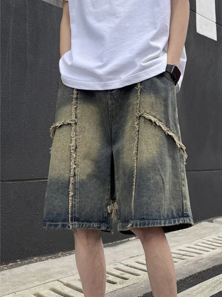 2025 Summer Casual Men's Baggy Denim Shorts Distressed Design Straight Leg Knee-Length for Teenagers High Street Fashion