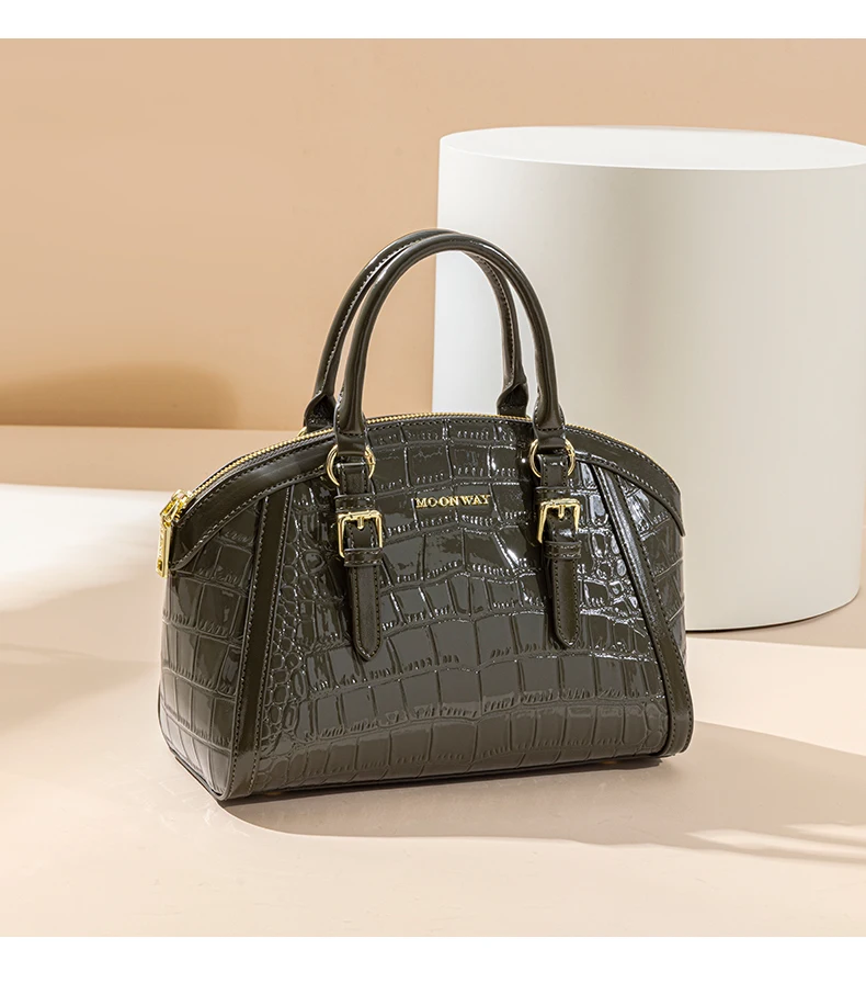 Croc Embossed Top Handle Bag Glossy Elegant Crossbody Dome Purse Shiny Shell Shoulder Satchel Retro Handbags For Women With Buckle