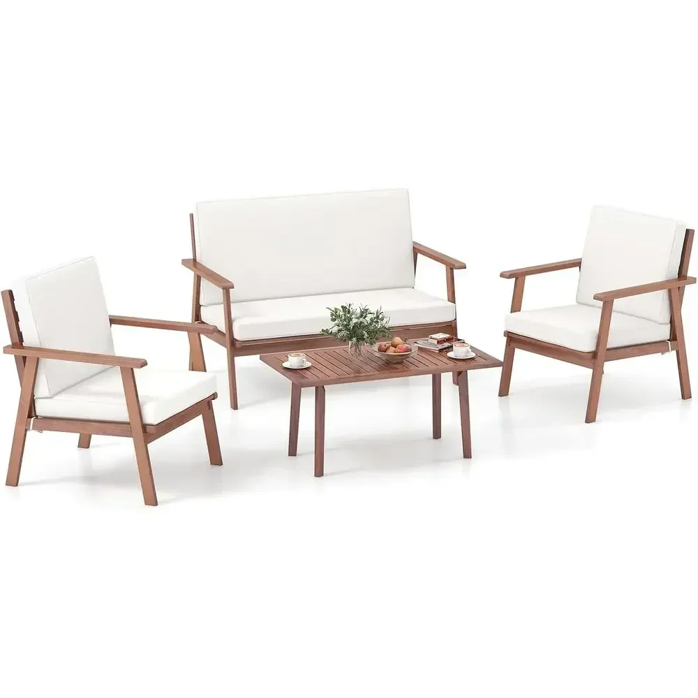 4-Piece Acacia Wood Outdoor Sofa Set with Seat & Back Cushions, Suitable for Patio, Backyard, Poolside, and Garden