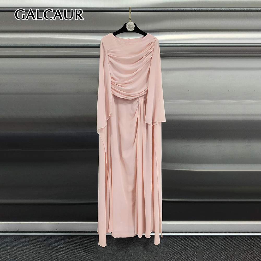 GALCAUR Solid Spliced Ruched Slimming Maxi Dress for Women Round Neck Long Sleeve Patchwork Zipper Casual Dresses Female Fashion