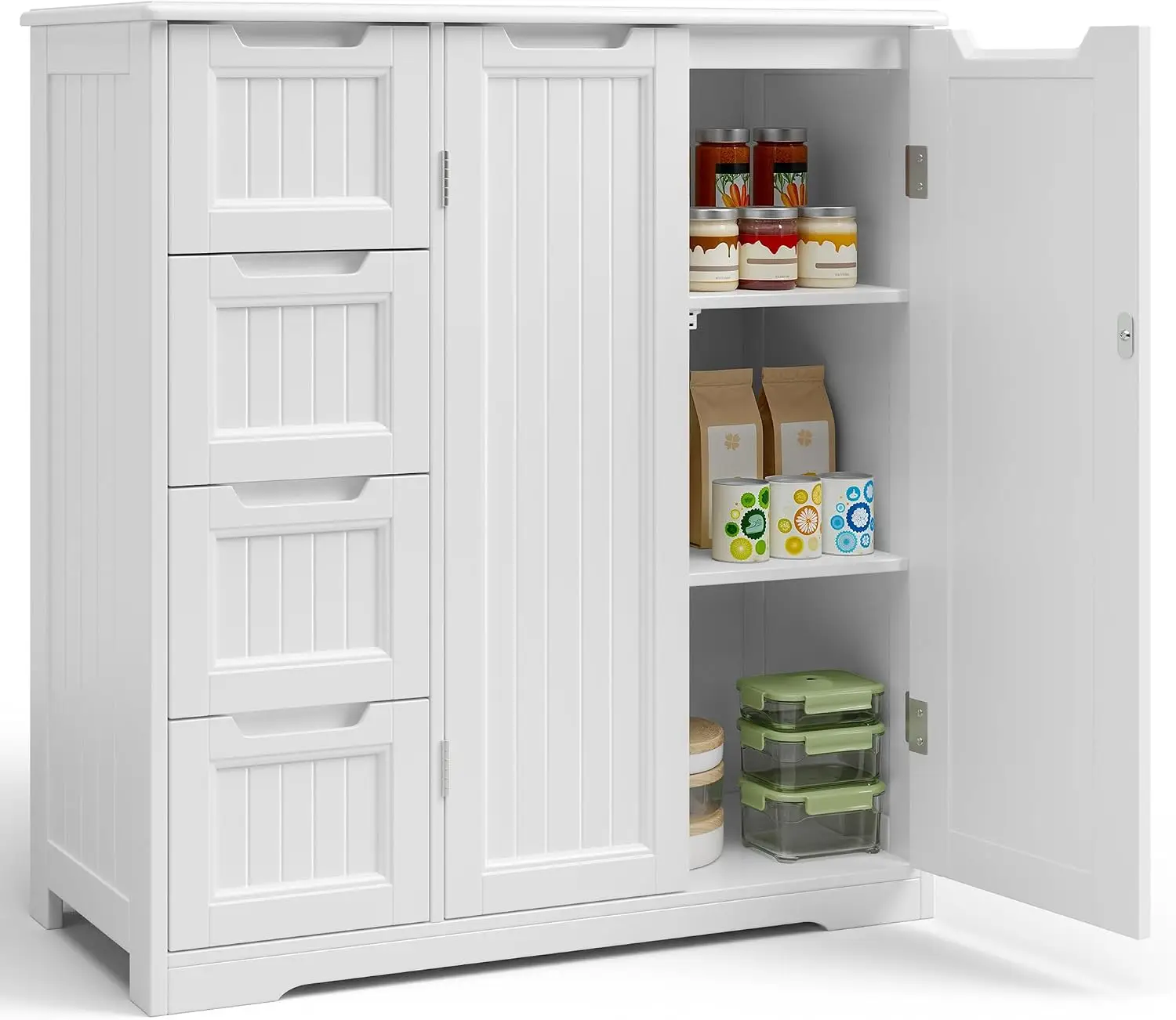 Storage Cabinet, White Bathroom Storage Cabinet with 4 Drawers & Double Doors, Adjustable Shelf, Modern Floor, Customized
